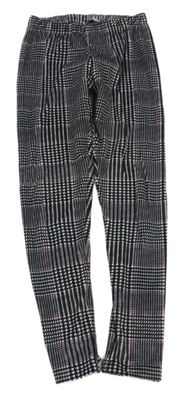 Černo-bílo-vínové kostkované vzorované plyšové legíny YOUNG STYLE