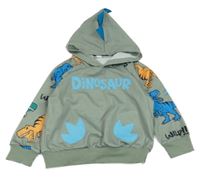 Khaki ľahká mikina s dinosaurami a kapucňou