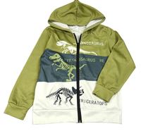 Zeleno-tmavošedo-smotanová prepínaci mikina s kostrami dinosaurů a kapucňou
