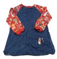 Tmavomodro-červené riflovo/teplákové šaty s vánočním motivem