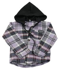 Fialovo-černo-červená kostkovaná flanelová košile s kapucí 