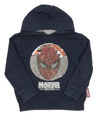 Tmavomodrá mikina so Spider-manem z překlápěcích flitrů a kapucňou Marvel