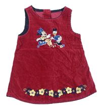 Malínové sametovo/manšestrové šaty s Minnie a Daisy a kvietkami Disney