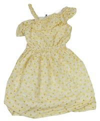 Smetanovo-žlté kvetované asymetrické šaty s madeirou a volánikom PRIMARK