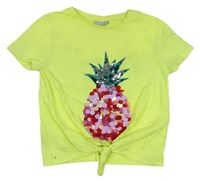 Neónově žlté crop tričko s ananasem z pajetek s flitrů a uzlom Matalan