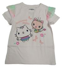 Světlerůžové tričko s kočičkami a tylovými volánky sinsay