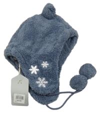 Nové - tmavomodrá huňatá zateplená beranice s vločkami a bambulemi a oušky SuBlevel