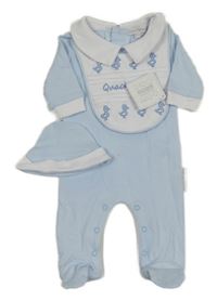 Nové - 3Set - Světlemodro-biely overal s podbradník s kachničkami a límečkem + čapica NURSERY TIME