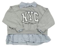 Šedá melírovaná oversize mikina s písmenky a všitou modro/bílou pruhovanou halenkou Next