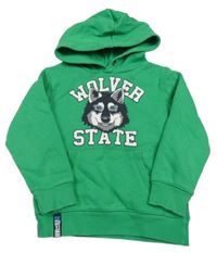 Zelená mikina s husky a nápismi a vreckom a kapucňou C&A