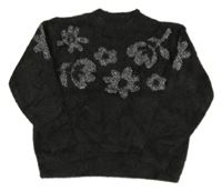 Čierny chlpatý sveter so striebornými kvietkami Next