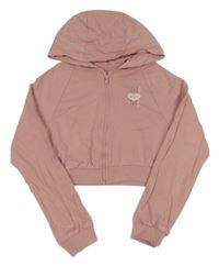 Svetloružová prepínaci crop mikina s nápismi a kapucňou