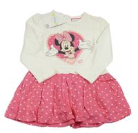 Nové - Smetanovo-růžové teplákovo/lehké šaty s Minnie a srdíčky C&A