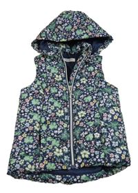 Tmavomodrá květovaná šusťáková zateplená vesta s kapucí H&M