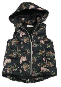 Černá květovaná šusťáková zateplená vesta s jednorožci a kapucí H&M