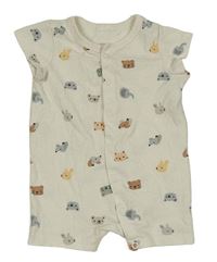 Smotanový bavlnený kraťasový overal so zvířaty