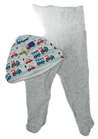 2set - Sivé melírované polodupky + biela bavlnená čapica s autami