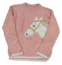 Svetloružový chlpatý sveter s koněm Kids