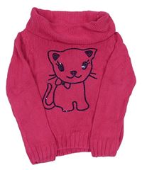 Růžový pletený svetr s kočkou a komínovým límcem kids