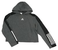 Tmavošedá melírovaná crop mikina s logem a kapucí Adidas