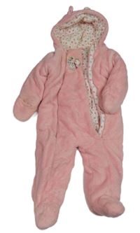 Ružová chlpatá zateplená kombinéza so zebrou a kapucňou