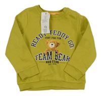 Nové - žlutozelená mikina s nápisom a medvěďom F&F