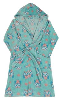 Tyrkysový plyšový župan se sovami a kapucí 