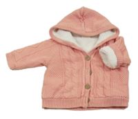 Růžový vzorovaný zateplený propínací svetr s kapucí Next