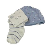 2set - modrá čapica s auty + bielo-modré pruhované ponožky