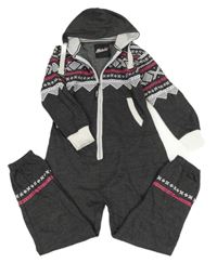 Sivo-bielo-ružová vzorovaná tepláková kombinéza s kapucňou