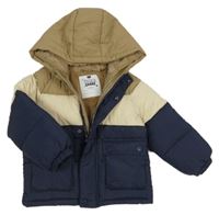 Béžovo-smetanovo-tmavomodrá šusťáková zimní bunda s kapucí F&F