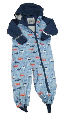 Světlemodro-tmavomodrá voděodolná jarní kombinéza s auty a kapucí Lupilu