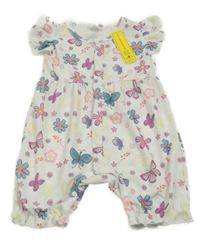 Nové - Bílo-růžovo-fialový žebrovaný kraťasový overal s motýlky Shein