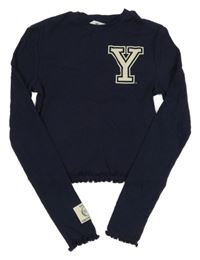 Tmavomodré rebrované crop tričko s písmenem H&M