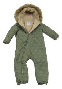 Khaki šusťáková prošívaná zimní kombinéza s kapucí F&F