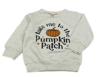 Bielo-sivá melírovaná mikina s tekvicou a nápisom