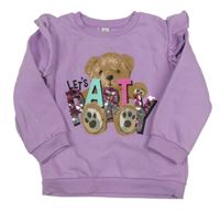 Fialová mikina s medvedíkom a nápisom s volány