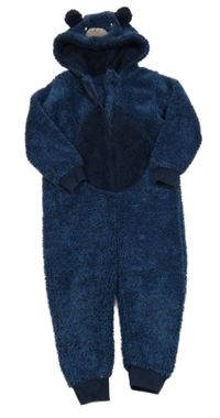 Tmavomodrá melírovaná chlpatá kombinéza s kapucňou Tu