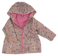 Růžová šusťáková lehce zateplená bunda s jednorožci a kapucí E-Vie