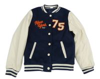 Tmavomodro-smotanová fleecovo/koženková jarná baseballová bunda s číslom Zeeman