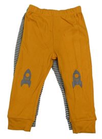 Nové - 2x - Okrové tepláky s raketami + šedé pruhované tepláky Pekle