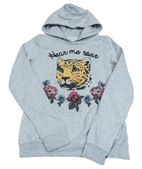 Svetlosivá melírovaná mikina so šelmou a růžemi a kapucňou H&M