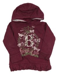 Vínová mikina s písmenkem a motýlky a korunkou a kapucí X-MAIL