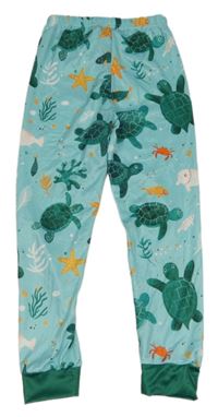 Světlemodro-tmavozelené pyžamové nohavice so želvičkami a rybičkami
