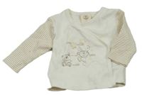 Bílo-hnědé zavinovací zavazovací triko s medvídkem a zajíčkem a pruhy Ergee