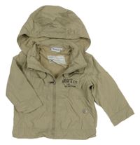 Béžová šušťáková jarná bunda s nápismi a odopínacíá kapucňou impidimpi