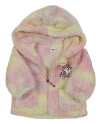 Ružovo-světlefialovo/žlutá huňatá bunda s jednorožcom a kapucňou SHEIN