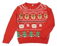 Červený pletený vianočný sveter so Santy a sobmi a stromčekmi 