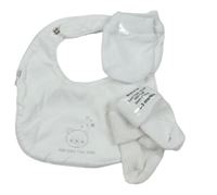 3set- Biely podbradník s medvídkem + Bílé ponožky + Bílé novorozenecké rukavice