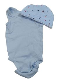 2set - Světlemodré žebrované body + bavlněná čepice s loďkami